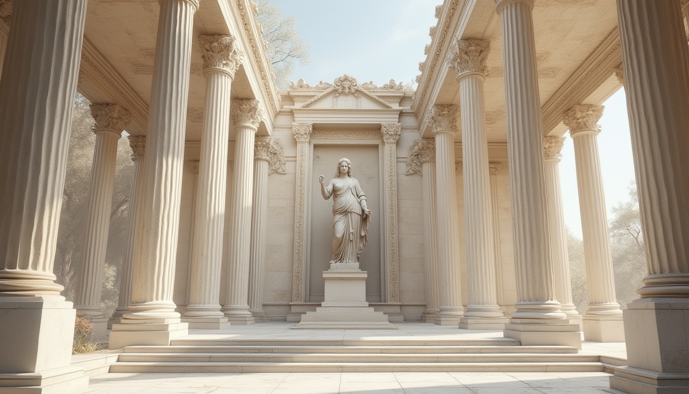 Prompt: Ancient Greek monument, grandiose architecture, white marble, intricate carvings, goddess statue, draped robes, flowing hair, pedestal base, columnar structure, ornate details, warm sunlight, soft shadows, Athenian background, panoramic view, 3/4 composition, realistic texture, high-contrast lighting.