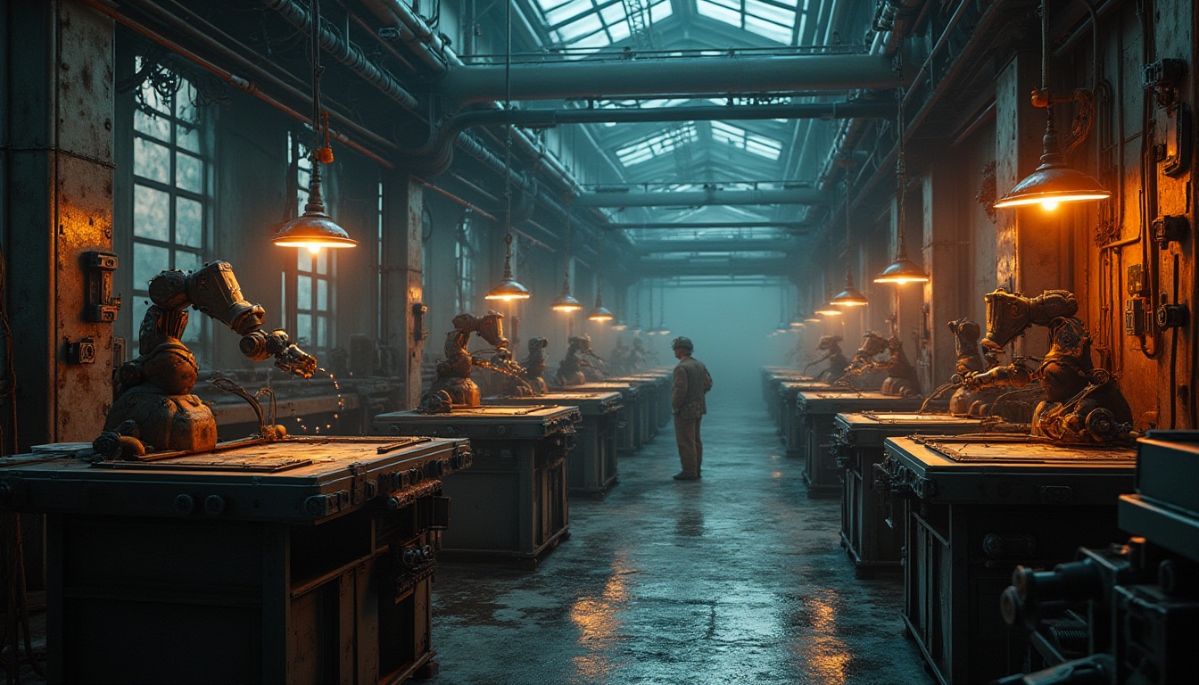 Prompt: Cyberpunk workshop, futuristic machinery, industrial atmosphere, metallic texture, neon lights, sci-fi ambiance, robotic arms, welding sparks, steam pipes, worn concrete walls, rusty metal beams, intricate mechanical details, dimly lit, high-contrast lighting, cinematic composition, 3/4 view, shallow depth of field.