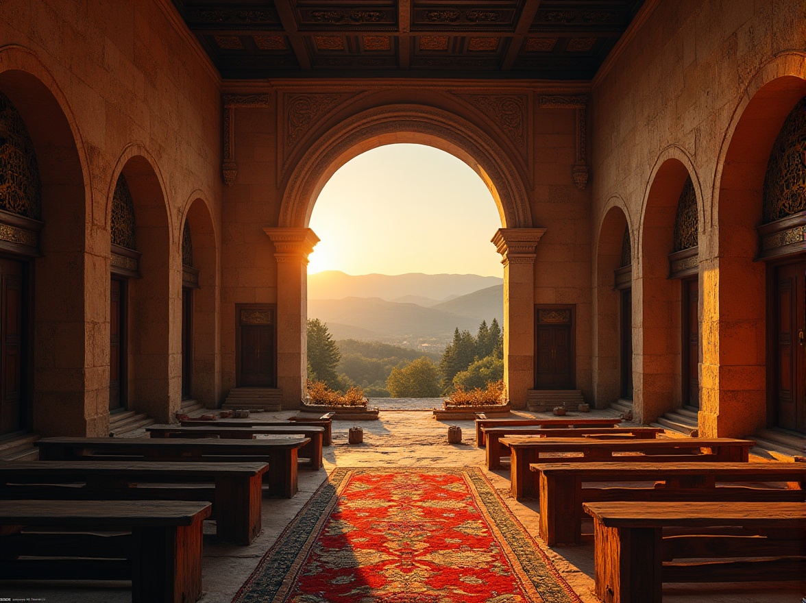 Prompt: Rural theater, Byzantine elements, ancient Greek-inspired architecture, stone columns, intricately carved wooden doors, ornate golden details, dim warm lighting, rustic wooden benches, vibrant tapestries, rural landscape backdrop, rolling hills, scattered trees, sunset ambiance, warm soft light, cinematic composition, 3/4 view, slight low-angle shot.