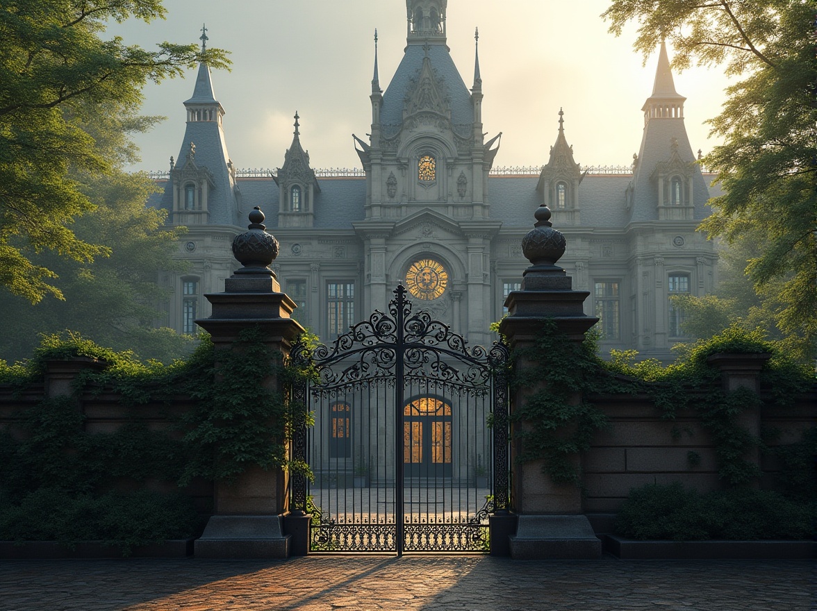 Prompt: Romanticism style school, European architecture, steel material accents, intricate Gothic details, ornate ironwork gates, grand entrance with steel doors, stained glass windows, majestic clock tower, ivy-covered stone walls, lush greenery surroundings, misty morning atmosphere, soft warm lighting, 3/4 composition, cinematic depth of field.