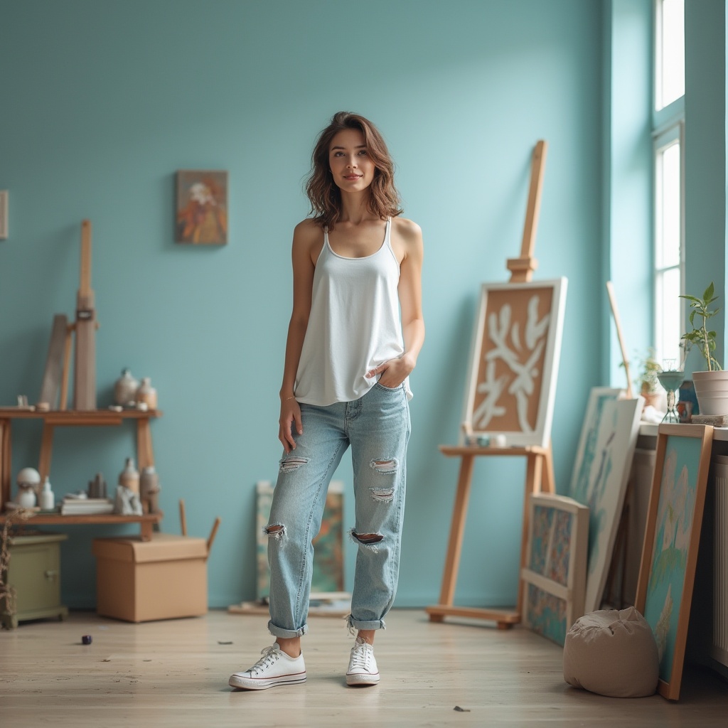 Prompt: Powder blue walls, minimalist modern art studio, solo female artist, 25yo, curly bob hair, gentle smile, subtle makeup, casual white tank top, ripped boyfriend jeans, Converse shoes, standing, holding a paintbrush, creative posture, natural light pouring through the large windows, wooden floor, few scattered art supplies, calm atmosphere, soft focus, warm color tone, shallow depth of field, relaxing ambiance.