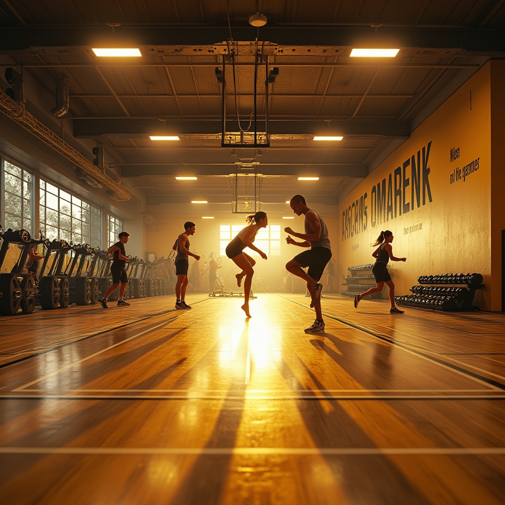 Prompt: Golden accents, gymnasium interior, modern architecture, athletic atmosphere, bright warm lighting, reflective floors, metallic beams, motivational quotes on walls, fitness equipment, dumbbells, treadmills, exercise mats, sporty shoes, energetic athletes in motion, jumping, stretching, sweating, dynamic poses, shallow depth of field, vibrant golden color scheme, bold fonts, geometric patterns, urban feel, high ceilings, panoramic view, 3/4 composition, softbox lighting.