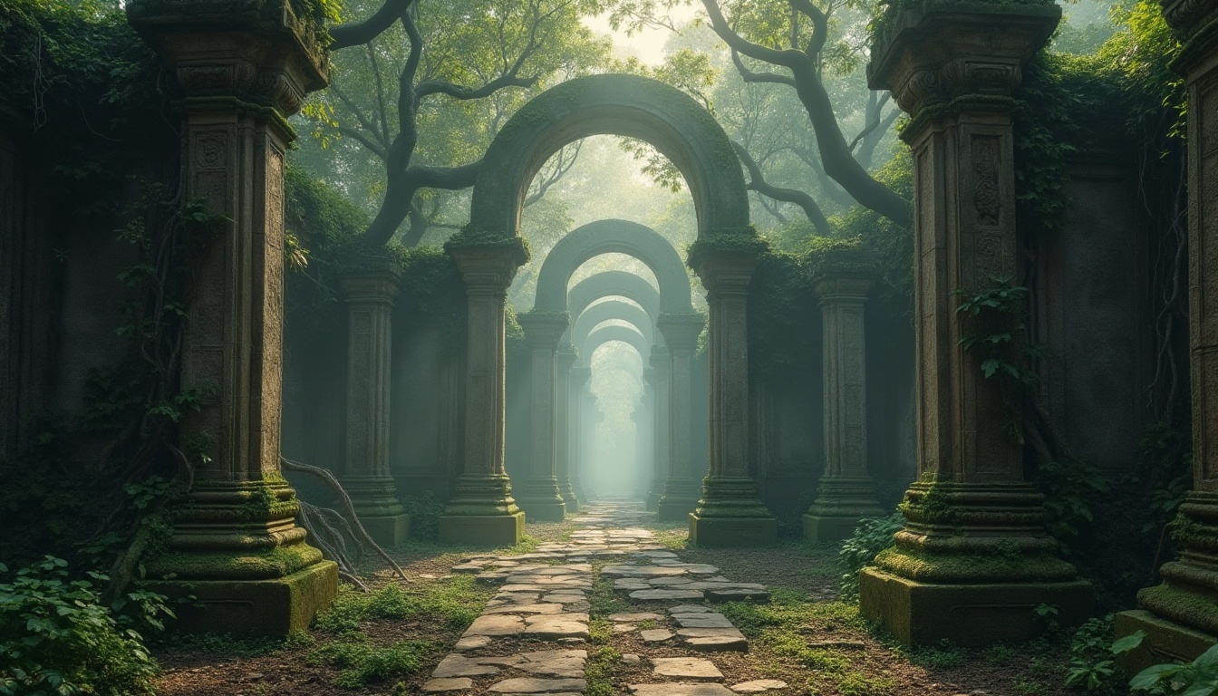 Prompt: Ancient forest monument, mysterious atmosphere, misty fog, giant trees, twisted roots, moss-covered stones, vines entwined columns, intricate carvings, grand entrance, arches, pillars, symmetrical composition, warm golden lighting, soft focus, atmospheric perspective, misty veil, eerie silence, abandoned ruins, ancient civilization, mystical ambiance.