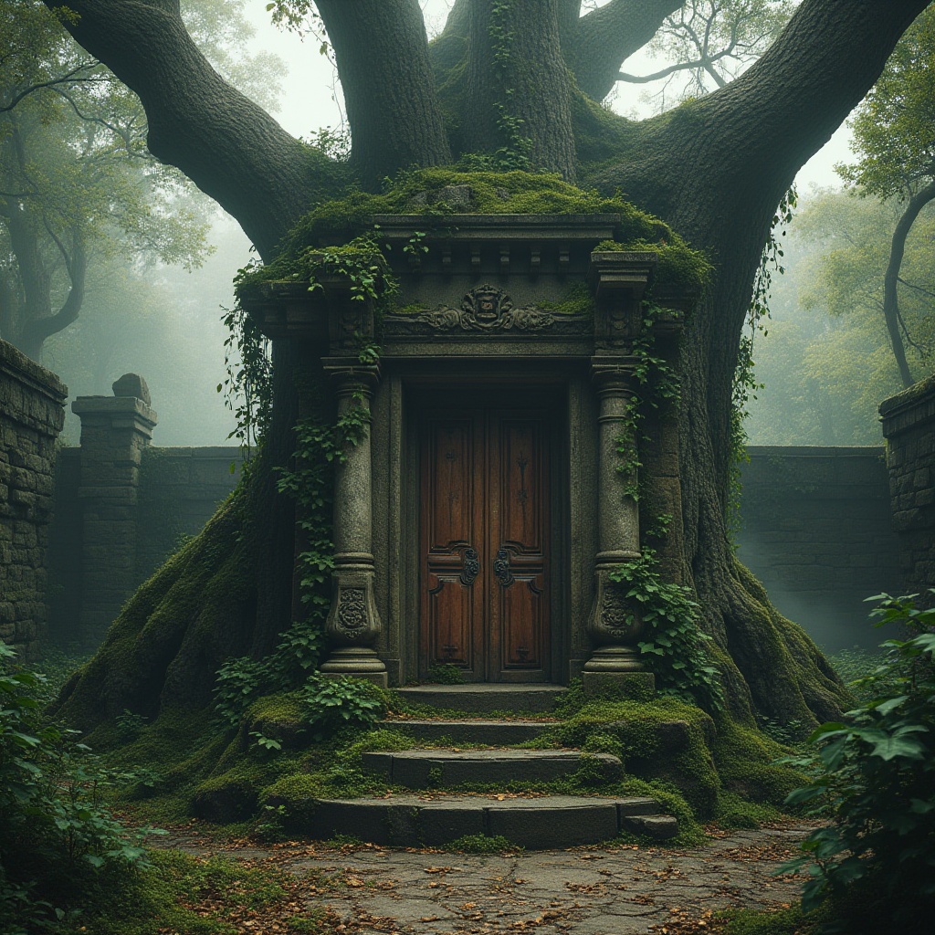 Prompt: Monument design, forest theme, ancient tree, stone pedestal, intricate carvings, moss-covered, ivy-wrapped, natural lighting, dappled shade, misty atmosphere, fog rolling in, mysterious ambiance, abandoned ruins, overgrown vegetation, crumbling stone walls, twisted vines, weathered wooden doors, aged copper accents, earthy tones, natural textures, atmospheric perspective, cinematic composition, high contrast, warm color palette.