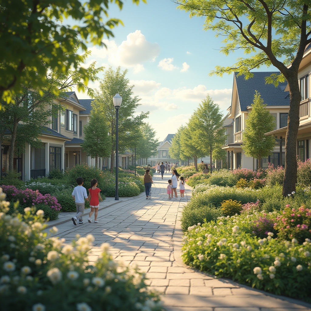 Prompt: Suburban community, residential area, neighborhood, green spaces, tree-lined streets, sidewalks, street lamps, cozy homes, varied architecture, modern apartments, traditional houses, vibrant gardens, blooming flowers, children playing, mothers strolling, sunny afternoon, warm lighting, 3/4 composition, soft focus, shallow depth of field.