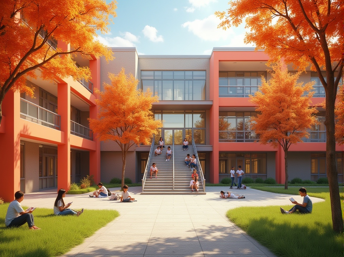 Prompt: Persimmon colored modern school building, vibrant orange-pink walls, large glass windows, sleek metal frames, open courtyard with persimmon trees, lush green grass, students sitting on stairs, reading books, smiling faces, warm afternoon sunlight, soft shadows, 3/4 composition, shallow depth of field, bright and airy atmosphere.