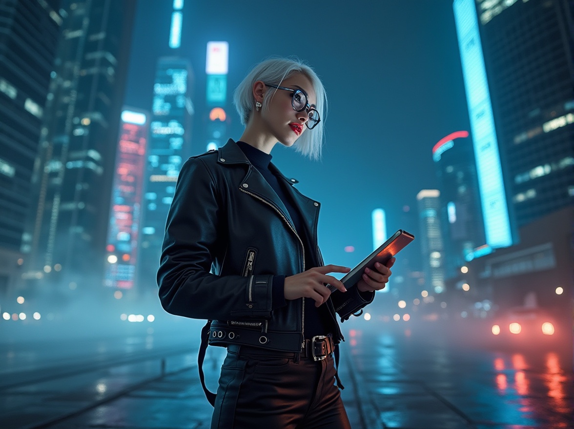 Prompt: High-tech fabric, futuristic lady, solo, (25yo), short silver hair, bold red lips, metallic eyeshadow, silver glasses, black leather jacket, high-waisted skinny jeans, metal buckled boots, holding a tablet, standing, cityscape, neon lights, skyscraper, night, misty, reflective surface, low-angle shot, cinematic composition, HDR, fish eye lens.