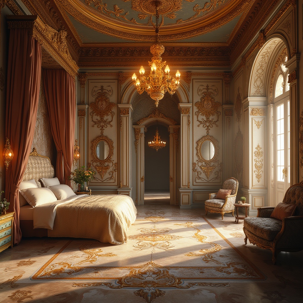 Prompt: Byzantine dorm interior, ornate plaster material, intricate patterns, golden accents, luxurious bedding, velvet curtains, lavish chandelier, grandiose furniture, regal atmosphere, warm lighting, rich textures, detailed moldings, marble floors, majestic columns, arched windows, soft shadows, warm colors, cinematic composition, 3/4 view, soft focus.