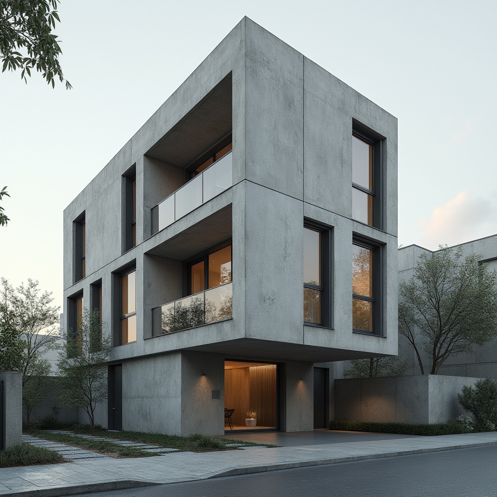 Prompt: Modern residential building, concrete material, brutalist architecture, rectangular shape, clean lines, minimalist decor, large windows, natural light, urban setting, cityscape, industrial chic, rough texture, monochromatic color scheme, dramatic shadows, low-angle shot, high-contrast lighting, bold composition, abstract background.