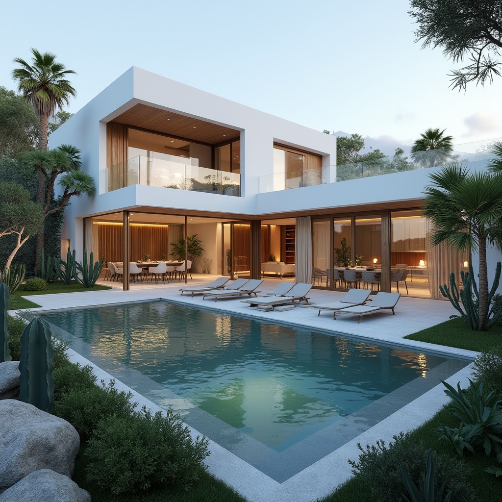 Prompt: Luxurious modern villa, Mediterranean style, white walls, large windows, sliding glass doors, minimalist decor, sleek lines, angular architecture, lush greenery surroundings, palm trees, cacti, infinity pool, sun loungers, outdoor dining area, warm lighting, evening atmosphere, 3/4 composition, shallow depth of field, cinematic mood, soft focus, natural texture.