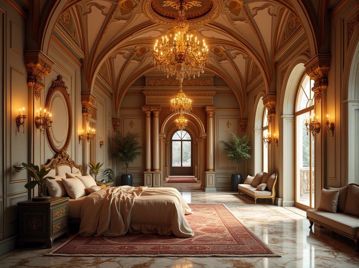 Prompt: Byzantine-inspired modern dormitory, luxurious interior, ornate golden details, intricate mosaics, marble floors, vaulted ceilings, grand chandelier, lavish fabrics, regal furniture, ornamental columns, majestic arches, warm ambient lighting, cinematic composition, 3/4 view, close-up on architectural details, soft focus background, HDR, high-end materials, opulent atmosphere.