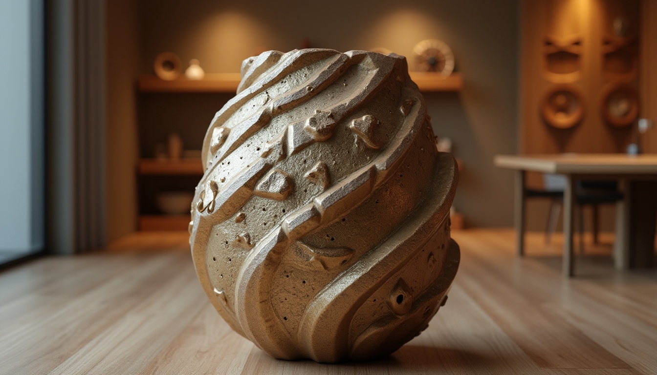 Prompt: Sculpted sand-casted materials, intricate textures, abstract patterns, modern art piece, luxurious decorative vase, metallic sheen, golden accents, ambient lighting, 3/4 composition, close-up shot, shallow depth of field, artistic still life, warm color palette, studio setting, wooden floor, minimalist background, elegant display shelf.