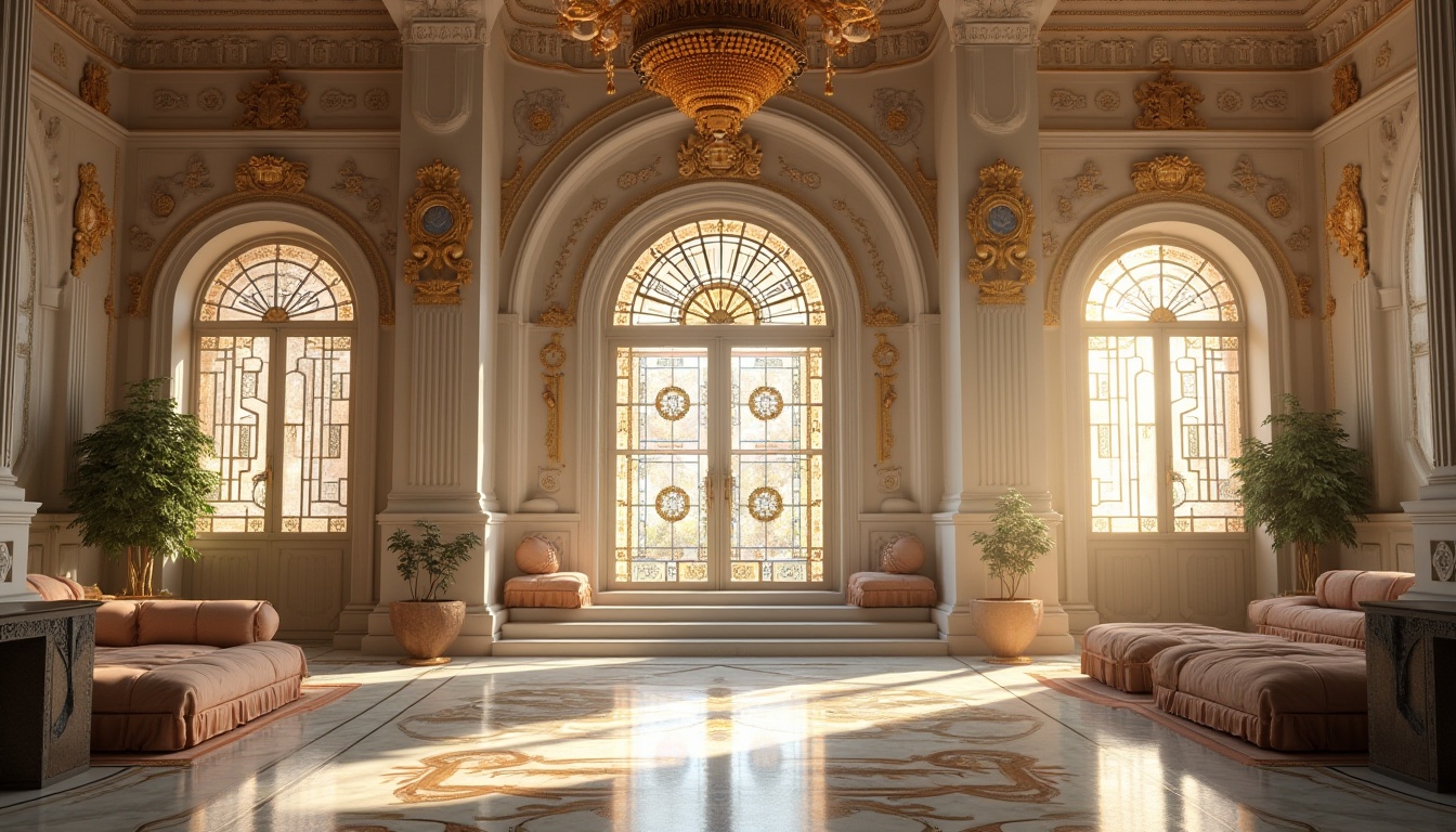 Prompt: Byzantine dorm, luxurious interior, ornate decorations, grand chandeliers, intricate mosaics, marble floors, white plaster walls with gold accents, arches, columns, lavish furniture, velvet upholstery, soft warm lighting, afternoon sunbeams streaming through stained glass windows, subtle shadows, realistic textures, detailed ornaments, ancient Greek-inspired architecture.