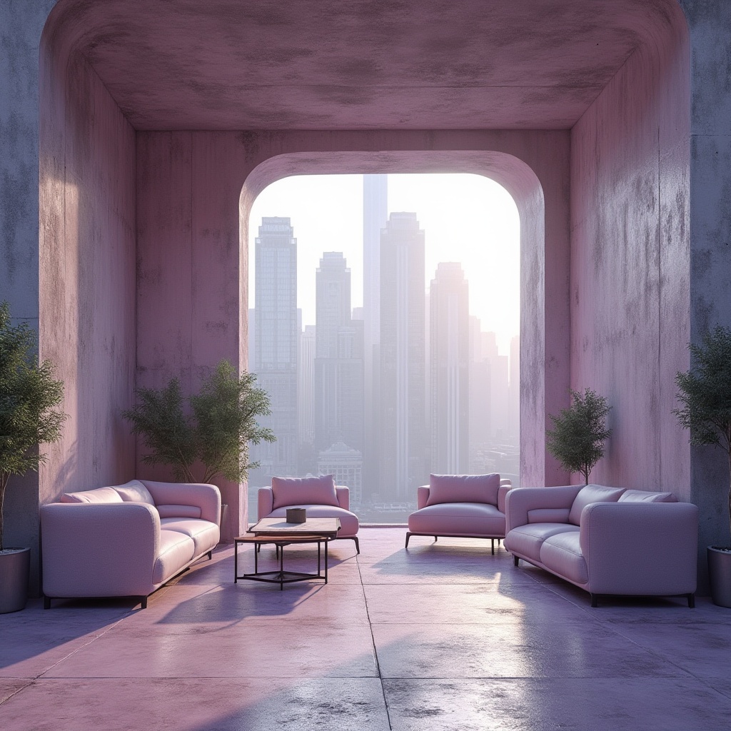 Prompt: Brutalist architecture, incorporating lilac color, rough concrete texture, industrial style furniture, minimalist decor, sparse greenery, abundant natural light, dramatic shadows, urban cityscape, modern skyscraper background, 3/4 composition, low-angle shot, cinematic lighting, atmospheric fog effect.