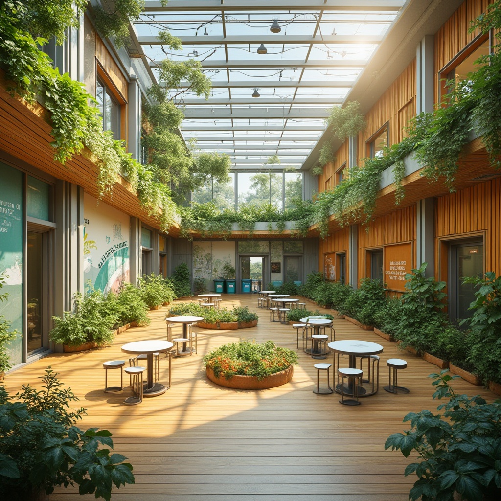 Prompt: Eco-friendly youth center, modern architecture, green roof, solar panels, recycling bins, natural materials, wooden floors, energy-efficient lighting, floor-to-ceiling windows, open space, minimal waste, creative reuse, community garden, vertical farm, educational murals, inspirational quotes, diverse plants, natural ventilation, calming colors, circular seating area, collaborative atmosphere, afternoon sunlight, warm ambiance.