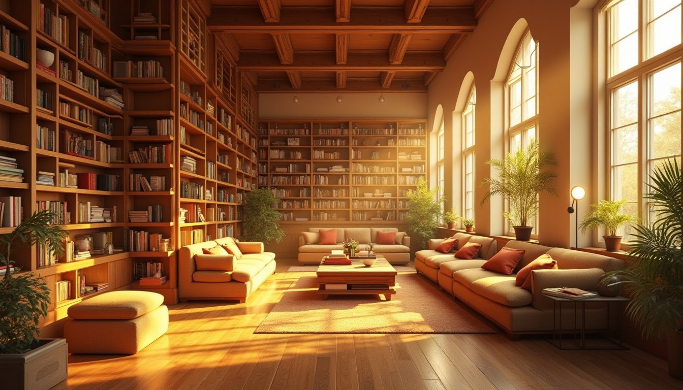 Prompt: Golden color, modern library, warm atmosphere, bright lighting, wooden shelves, books stacked vertically, comfortable reading area, cozy sofas, soft cushions, coffee tables, floor lamps, calm ambiance, afternoon sunlight streaming through windows, subtle shadows on walls, 3/4 composition, shallow depth of field, realistic rendering, cinematic mood, vibrant colors, warm tone, inviting atmosphere.