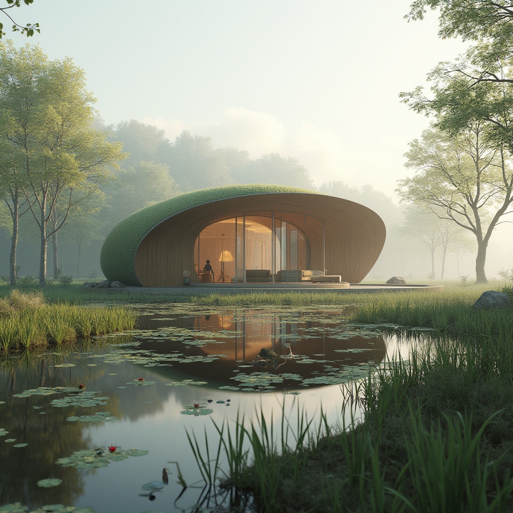 Prompt: Eco-friendly pavilion, wetland environment, solo, modern minimalist architecture, curved lines, green roof, wooden pillars, open floor plan, natural ventilation, large windows, panoramic view, reflection pool, surrounding water lilies, cattails, rushes, muddy terrain, misty atmosphere, warm soft lighting, 3/4 composition, shallow depth of field.