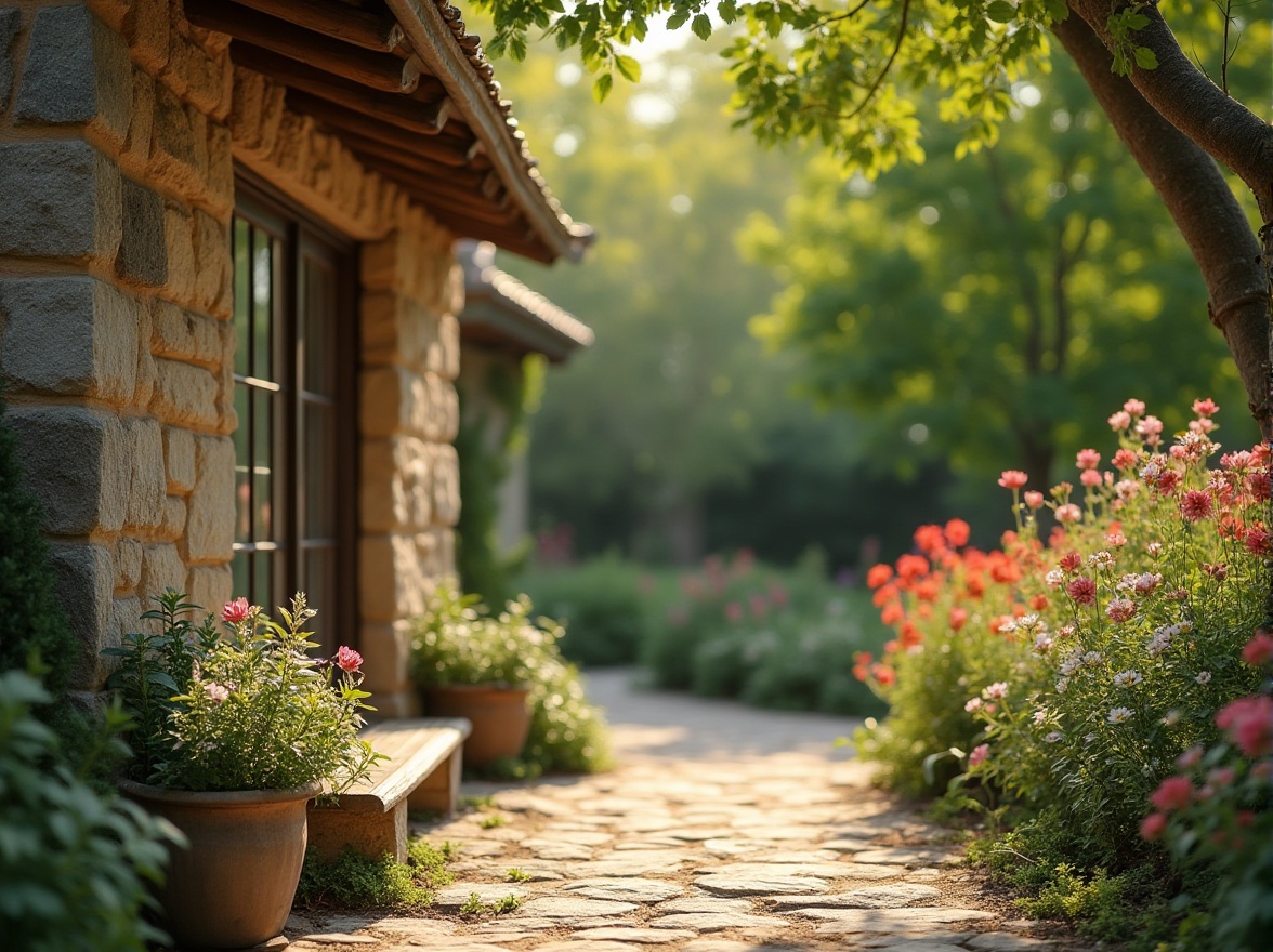 Prompt: Outdoor space, masonry material, stone wall, rough texture, natural color, rustic atmosphere, garden bench, blooming flowers, lush greenery, tall trees, sunny day, warm lighting, shallow depth of field, natural scenery, peaceful ambiance, 3/4 composition, soft focus on background, vibrant colors, HDR effect.