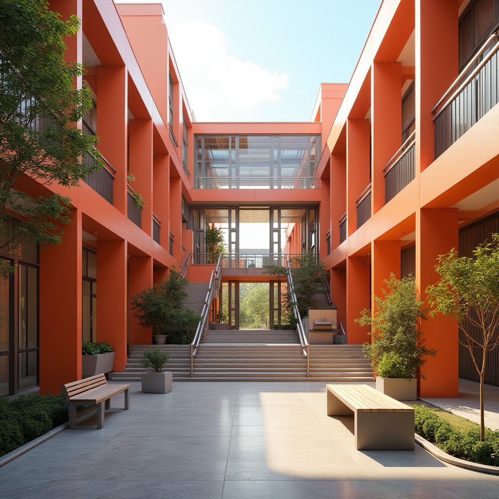 Prompt: Persimmon-colored school building, modern architecture, angular lines, vibrant orange-pink hues, glass façade, metal frames, open courtyard, stairs with railings, lush greenery, potted plants, wooden benches, natural light pouring in, warm afternoon sun, soft shadows, 3/4 composition, shallow depth of field, educational atmosphere, calm ambiance.