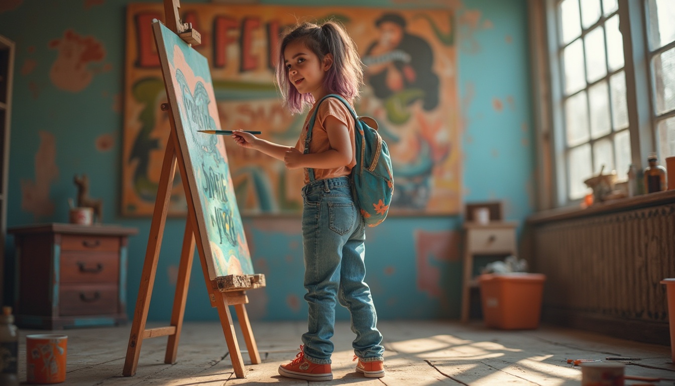 Prompt: Youth, teenager, student, artistic expression, colorful hair, bold makeup, casual clothing, jeans, sneakers, holding brush, painting, creating, standing, studio, bright lights, natural light, wooden floor, easel, canvas, vibrant colors, inspirational quotes, motivational background, 3/4 composition, soft focus, cinematic lighting.