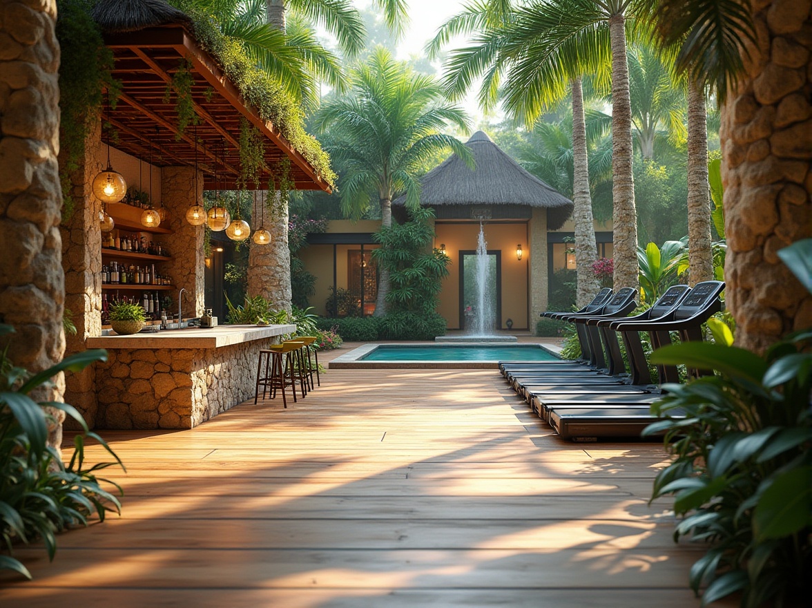 Prompt: Island oasis, fitness club interior, tropical vibe, palm trees, natural stone walls, wooden flooring, modern exercise equipment, free weights, treadmills, yoga mats, juice bar, healthy snacks, refreshing drinks, vibrant greenery, exotic flowers, water features, small pool, waterfall, misting system, warm lighting, 3/4 composition, shallow depth of field, inviting atmosphere.