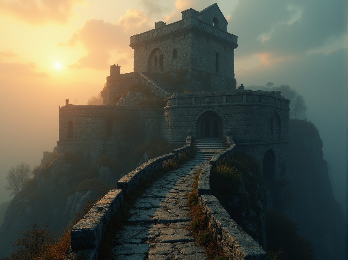 Prompt: Watchtowers, Plateau, majestic, stone structure, ancient, mysterious, intricate carvings, grandeur scale, rugged terrain, misty atmosphere, sunrise or sunset, dramatic lighting, low-angle shot, atmospheric perspective, warm color tone, mystical ambiance, foggy background, moss-covered stones, worn-out stairs, rusty railings, weathered wooden doors, abandoned yet majestic feel, cinematic composition.