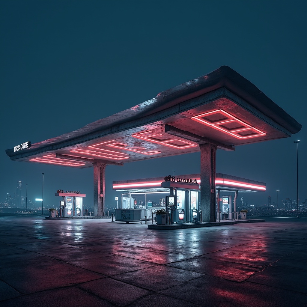 Prompt: Modern gas station, futuristic architecture, sleek lines, neon lights, metallic structure, minimalist design, angular shapes, abstract composition, urban landscape, cityscape, metropolitan area, night scene, dramatic lighting, high contrast, bold colors, industrial materials, concrete foundation, steel beams, glass walls, LED signage, retro-futuristic vibes, atmospheric mist, shallow depth of field, wide-angle shot, cinematic feel.