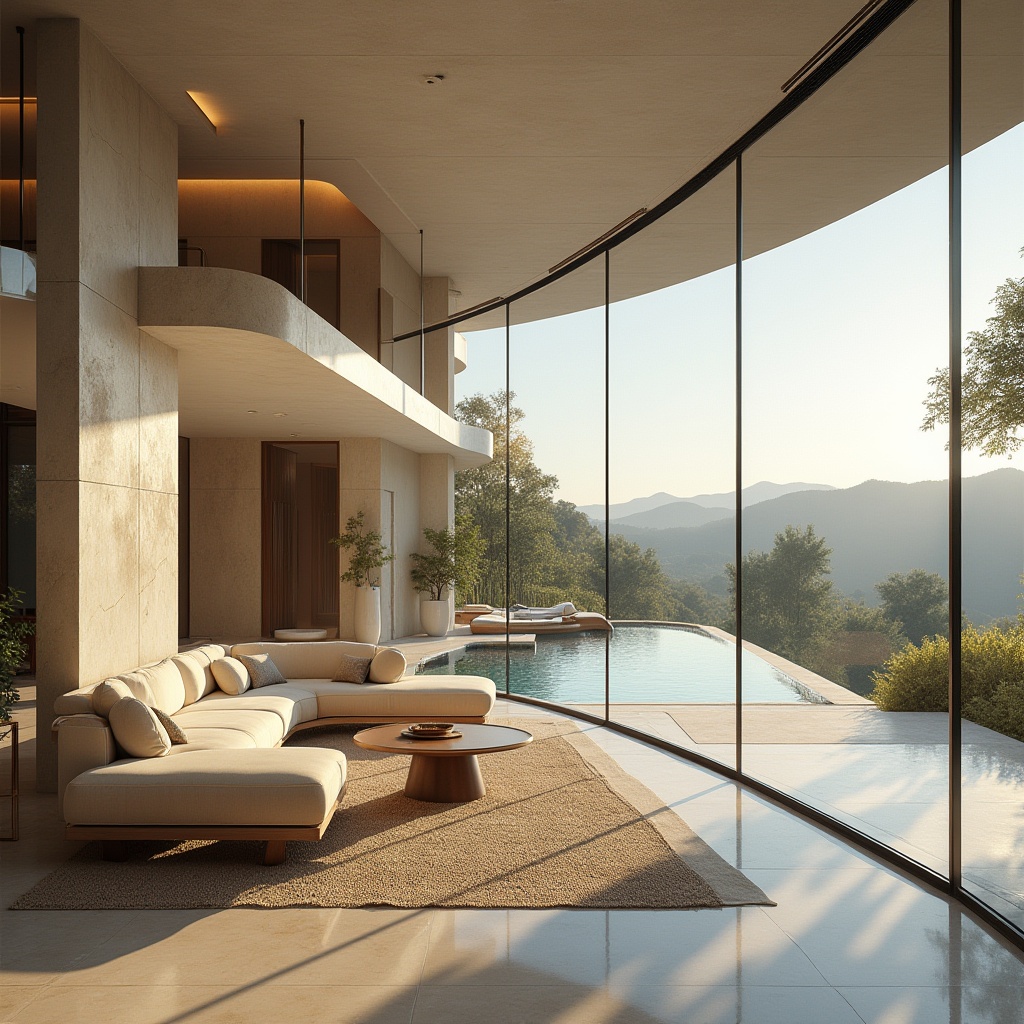 Prompt: Villa, modernism style, luxurious, futuristic, sleek lines, minimalist decor, large windows, natural light, marble floors, high ceilings, open-plan living area, designer furniture, abstract artwork, ambient lighting, 3/4 composition, panoramic view, afternoon sunlight, warm color palette, greenery, surrounding landscape, hills, distant mountains.