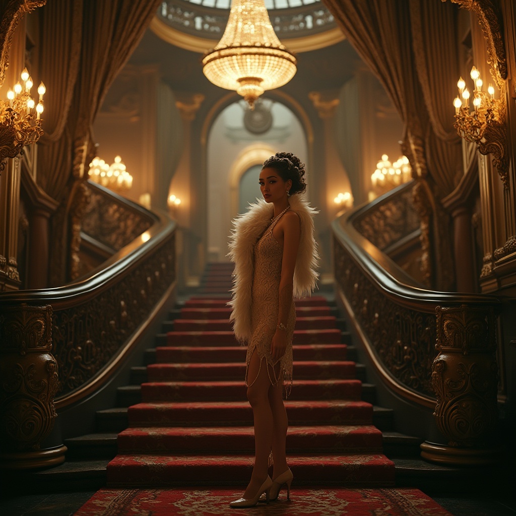 Prompt: Art Nouveau cinema, ornate decorations, intricate patterns, flowing curves, luxurious fabrics, grand staircase, velvet curtains, golden accents, crystal chandeliers, soft focus, warm lighting, cinematic composition, shallow depth of field, elegant lady, 1920s fashion, long pearl necklace, feather boa, high heels, sophisticated makeup, subtle smile, mysterious atmosphere, dimly lit corridor, ornate mirrors, floral motifs, majestic architecture, grandiose interior.