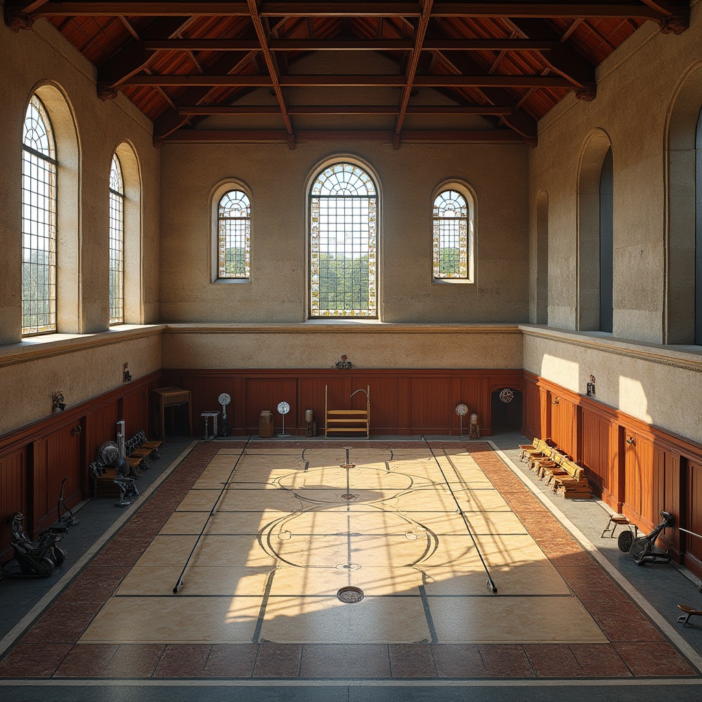 Prompt: Romanesque gymnasium, ancient stone walls, high ceilings with wooden beams, large stained glass windows, intricate mosaic floors, incorporating fiber-cement materials, modern sports equipment, basketball hoops, volleyball nets, rowing machines, treadmills, free weights, exercise bikes, lockers, showers, wooden benches, ambient lighting, warm color tone, morning sunlight, dramatic shadows, high-angle shot, symmetrical composition.