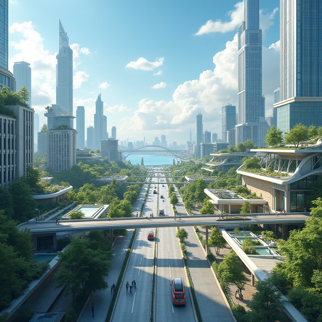 Prompt: Urban futuristic cityscape, elevated pedestrian walkways, green roofs, solar panels, modern skyscrapers, bustling streets, electric buses, bicycles, pedestrians, vibrant street art, vertical gardens, city park, waterfront promenade, lake or river, sailboats, sunny day, clear blue sky, fluffy white clouds, soft natural light, cinematic composition, wide-angle lens.