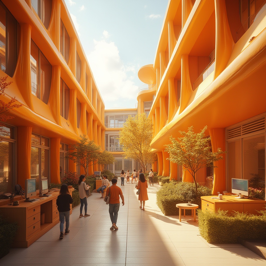 Prompt: Persimmon color, vibrant orange-yellow tone, school building, modern architecture, curved lines, large windows, natural light, open courtyard, students chatting, lush greenery, autumn trees, warm afternoon, soft focus, shallow depth of field, 3/4 composition, relaxed atmosphere, educational setting, futuristic design, sleek metallic accents, wooden textures, minimalist furniture, playful decorations.