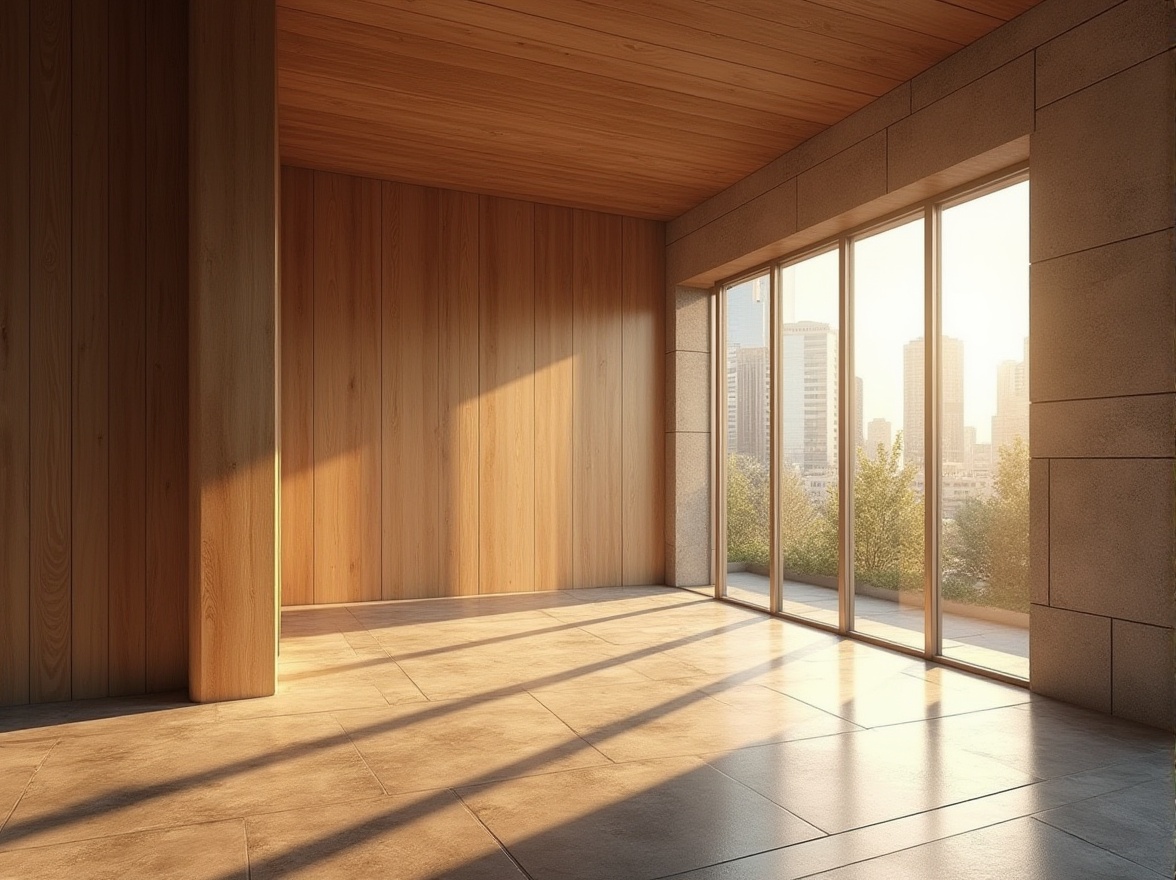 Prompt: Modern architectural design, brown color palette, earthy tone, natural material, wooden texture, stone wall, concrete floor, glass window, minimalist interior, empty space, afternoon sunlight, warm ambient light, 3/4 composition, low-angle shot, urban cityscape, metropolitan area, skyscraper background, realistic rendering, high dynamic range.