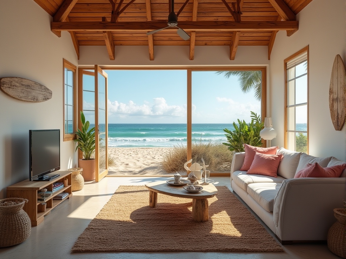 Prompt: Beach loft, vernacular architecture, ocean view, large windows, natural light, wooden beams, rustic charm, cozy atmosphere, comfortable sofas, woven baskets, seashell decorations, driftwood coffee table, surfboard-inspired wall art, coral-colored walls, sandy beige floors, woven jute rug, palm tree-lined exterior, sunny day, blue sky, fluffy white clouds, gentle sea breeze, sound of waves crashing.