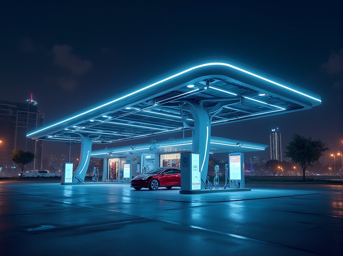 Prompt: Modern futuristic gas station, sleek metal structure, LED lights, curved lines, cantilevered roof, solar panels, charging stations, electric vehicle, digital signage, interactive kiosk, minimalist interior, industrial chic decor, urban cityscape background, night scene, vibrant neon lighting, shallow depth of field, 3/4 composition, cinematic atmosphere, soft focus effect.