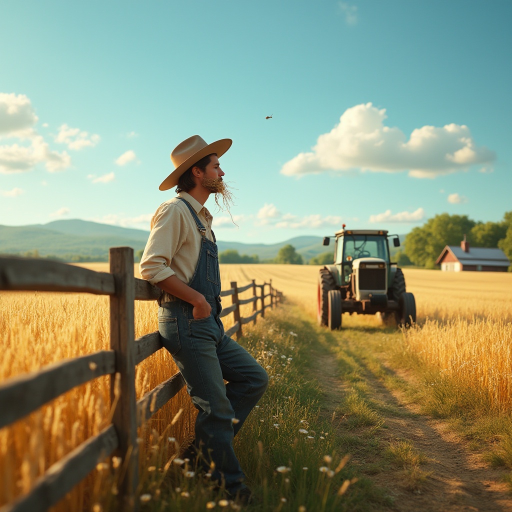 Prompt: Farmland setting, golden wheat field, blue sky with few white clouds, sunny day, warm light, gentle breeze, rustic wooden fence, old tractor parked nearby, farmer's hat, worn denim overalls, straw in mouth, relaxed posture, leaning on fence, looking out at the vast landscape, rolling hills, distant farmhouse, chimney smoke rising, green trees surrounding, wildflowers blooming, bees flying around, serene atmosphere, natural colors, soft focus, warm lighting, cinematic composition.