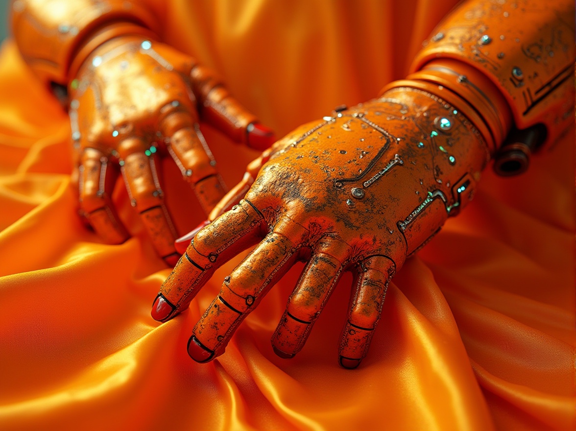 Prompt: Futuristic high-tech fabric, vibrant orange color, metallic sheen, iridescent texture, intricate circuit patterns, neon-like glowing threads, sleek robotic arms, holding futuristic gadgets, high-angle shot, bright studio lighting, 3/4 composition, shallow depth of field, sci-fi atmosphere, avant-garde fashion.