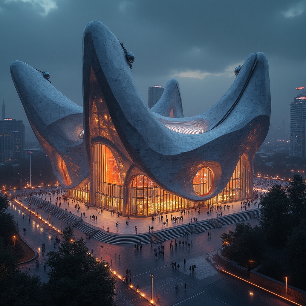 Prompt: Futuristic concert house, constructivism architecture, bold geometric shapes, asymmetrical structure, metallic materials, glass façade, neon lights, abstract sculptures, avant-garde design, dynamic lighting system, 3D visual effects, panoramic view, wide-angle shot, low-angle composition, dramatic shadows, high-contrast lighting, urban cityscape, night scene, bustling streets, crowd of people in the background.