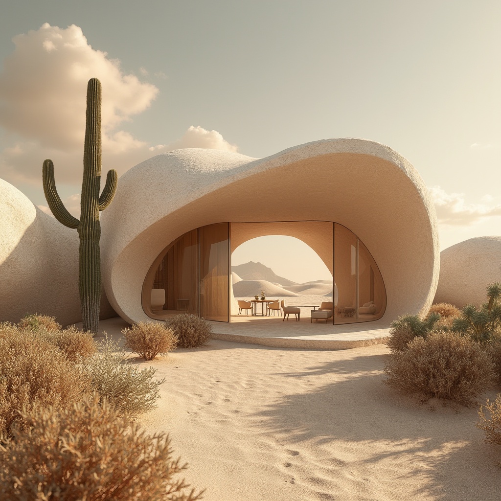 Prompt: Sand-casted materials, modern architecture, villa, desert landscape, cactus plants, sandy dunes, warm lighting, natural texture, rough surface, organic shape, earthy color palette, intricate details, 3D printed structure, futuristic design, minimalist interior, ambient occlusion, soft shadows, high contrast ratio, cinematic composition.