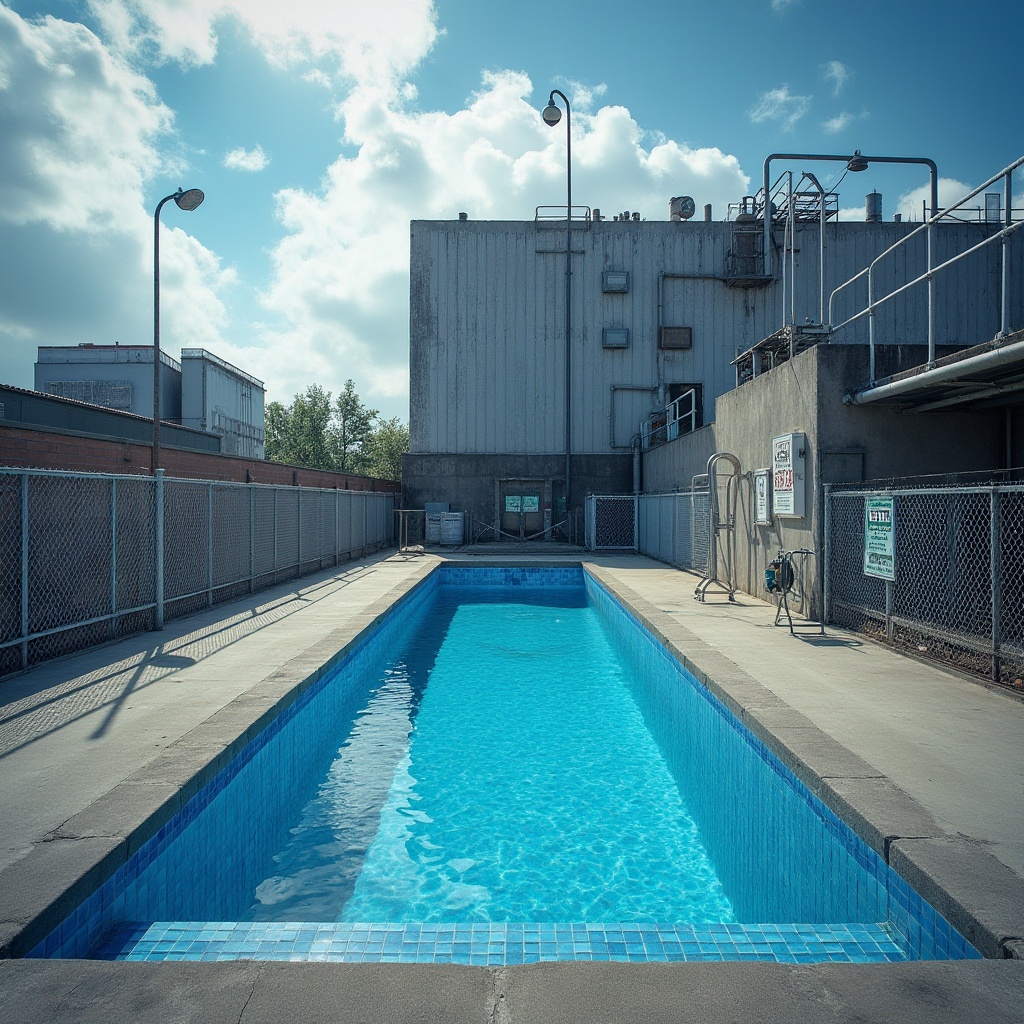 Prompt: Industrial area, rectangular swimming pool, blue tile, steel ladder, concrete deck, industrial pipes, metal fences, urban landscape, sunny day, dramatic clouds, contrast lighting, low-angle shot, wide composition, modern architecture, brutalist style, rough texture, functional design.