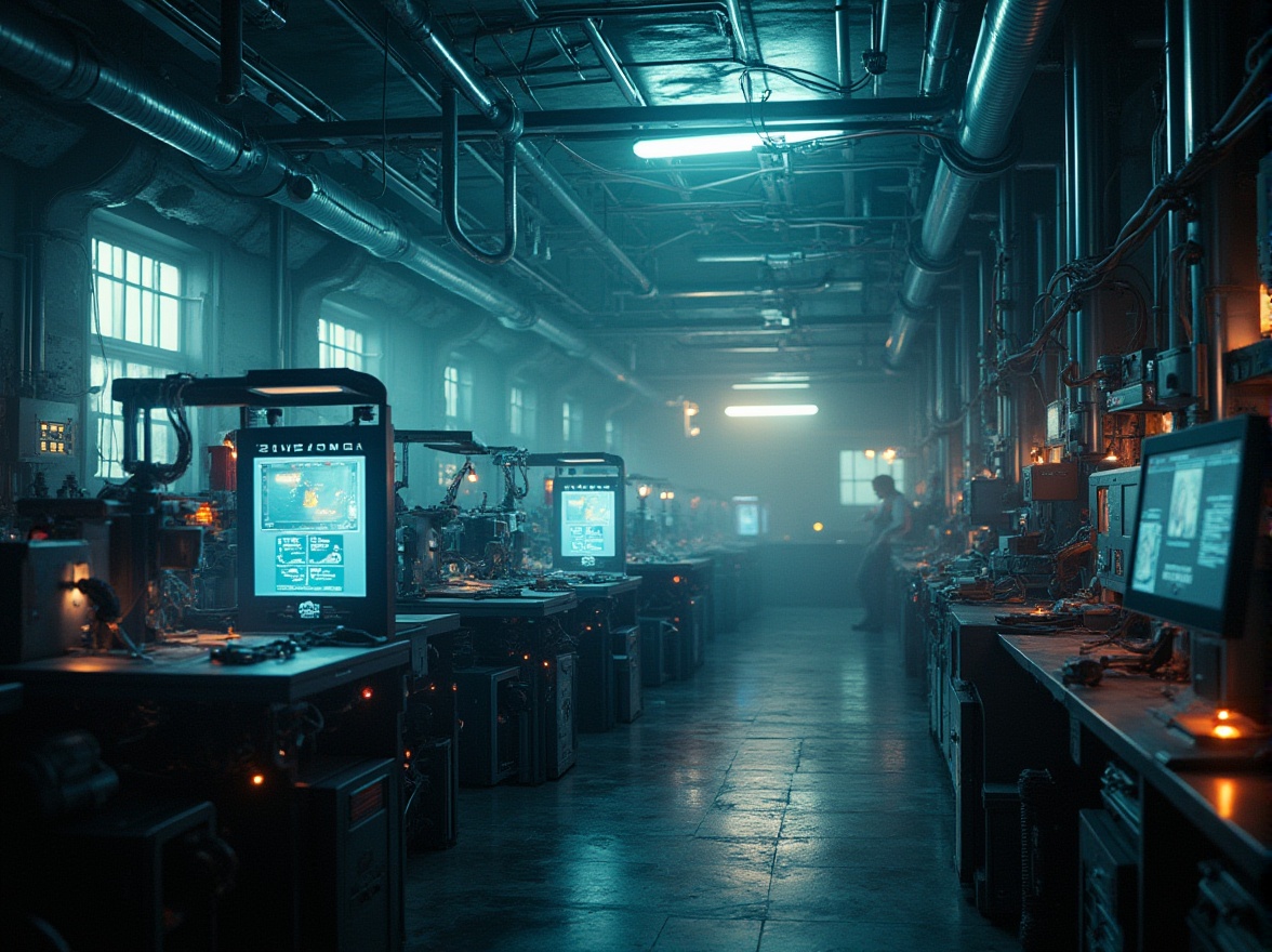 Prompt: Cyberpunk workshop, futuristic machinery, neon lights, industrial pipes, metal beams, intricate wires, holographic screens, robotic arms, 3D printing devices, sleek metallic surfaces, glass panels, LED strips, misty atmosphere, dim lighting, atmospheric perspective, cinematic composition, low-angle shot, dramatic shadows.