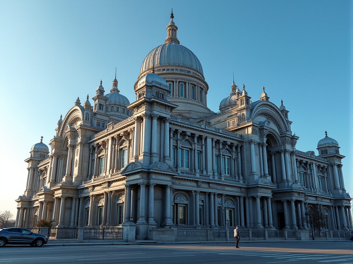 Prompt: Modern Renaissance architecture, grand building, galvanized steel, intricate details, ornate facade, columns, arches, domes, rust-resistant metal, silver-gray color, industrial texture, urban setting, cityscape, sunny day, clear blue sky, low-angle shot, dramatic lighting, high-contrast composition, cinematic mood.