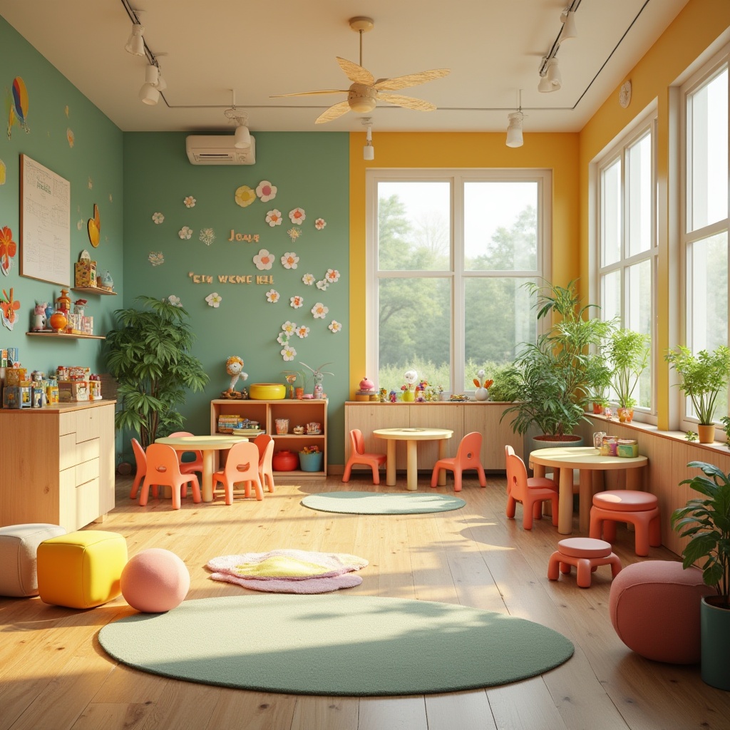 Prompt: Colorful kindergarten, modern interior design, innovative space, bright natural light, wooden floors, minimalist furniture, rounded edges, soft cushions, playful decorations, educational toys, building blocks, puzzles, reading nook, cozy carpet, circular tables, tiny chairs, inspirational quotes, motivational posters, green walls, flower-shaped planters, kid-friendly art pieces, interactive whiteboards, collaborative learning areas, sensory play zones, calming ambiance, 3/4 composition, warm lighting, shallow depth of field.