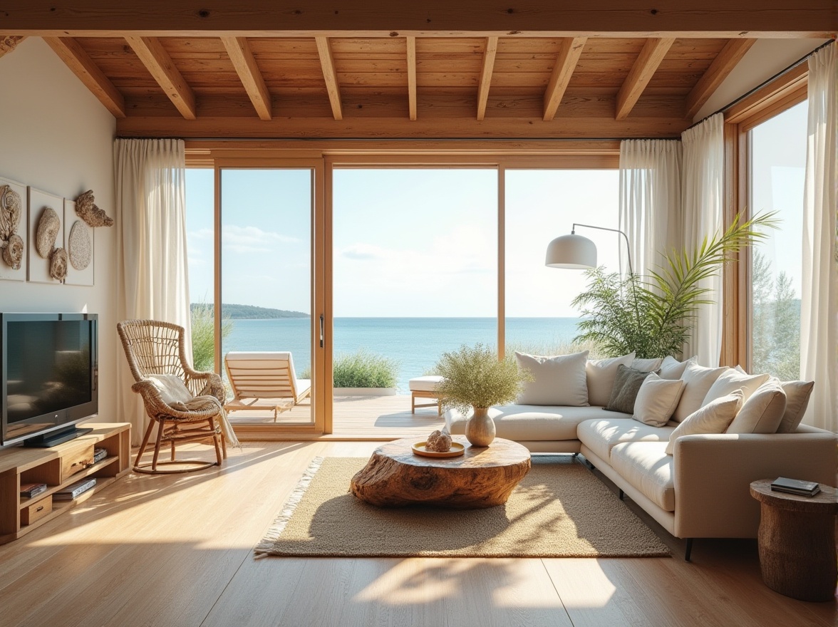 Prompt: Beach loft, spacious, high ceiling, wooden floor, minimal decor, modern furniture, large windows, ocean view, balcony, sunny day, warm lighting, soft shadows, beachy vibes, seashell decorations, driftwood coffee table, linen sofa, wicker armchair, glass door, natural materials, cozy atmosphere, panoramic view, 3/4 composition, ambient light.