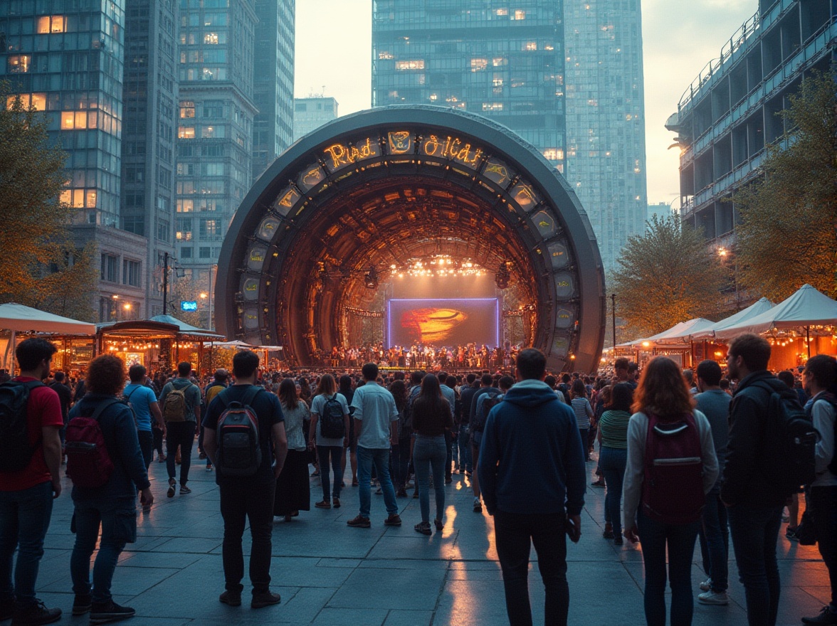 Prompt: urban concert house, modern architecture, glass facade, steel structure, city square, evening scene, warm lighting, crowd of people, diverse ages, casual clothing, jeans and t-shirts, backpacks and guitars, street performers, food vendors, bustling atmosphere, 3/4 composition, cinematic lighting, soft focus, vibrant colors.