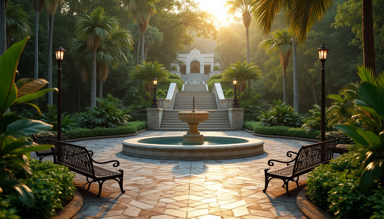 Prompt: Art Deco style park, lush greenery, geometric patterns, ornate metal benches, vintage lamp posts, curved walking paths, symmetrical fountain, grand staircase, intricate stone carvings, mosaic tile flooring, tropical plants with bold leaves, palm trees, vibrant flower beds, sunken gardens, dramatic spot lighting, warm golden hour, cinematic composition, low-angle shot, 3/4 view, depth of field, ambient light.