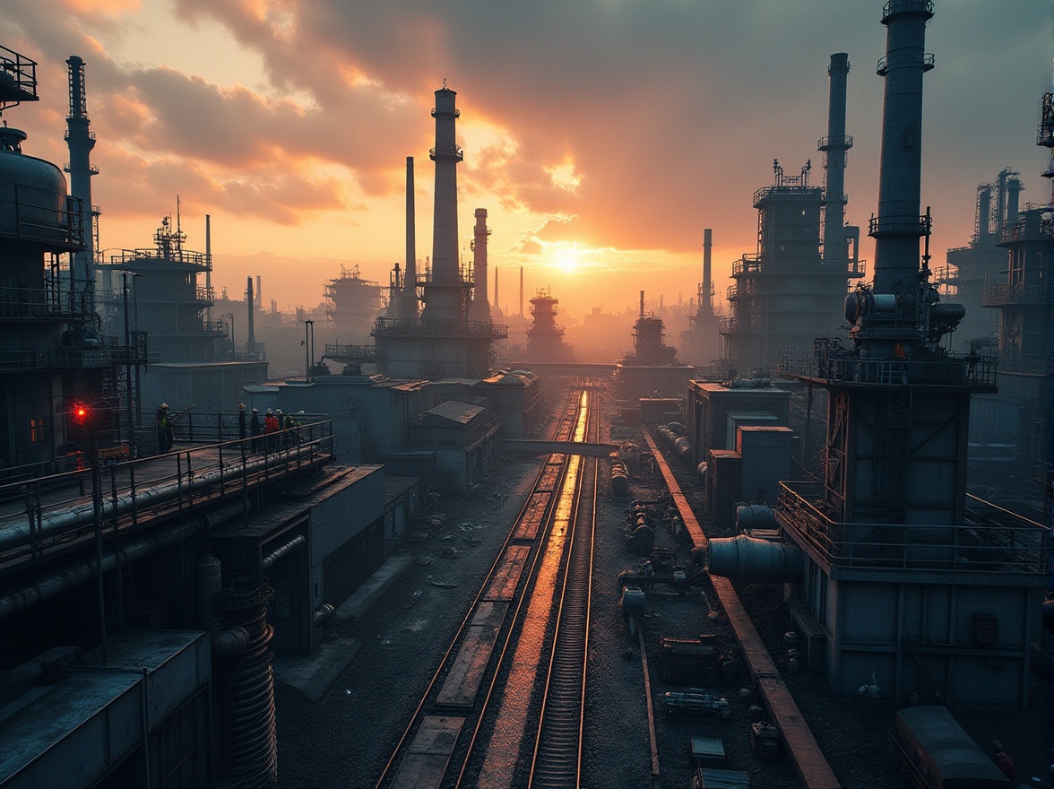 Prompt: Industrial area, cityscape, urban planning, modern architecture, factory buildings, warehouses, smokestacks, cranes, metal bridges, rail tracks, concrete roads, streetlights, industrial pipes, valves, machinery, workers in uniforms, hard hats, reflective vests, tool belts, sunset, cloudy sky, dramatic lighting, cinematic composition, high contrast, gritty texture.