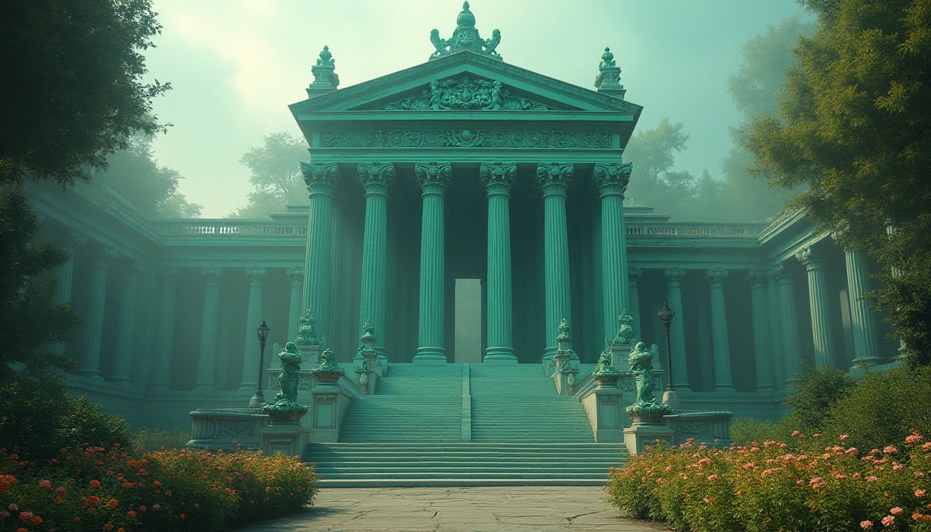 Prompt: Monumental structure, incorporating Malachite green color, ancient Greek-inspired architecture, intricate carvings, ornate details, grandiose scale, imposing pillars, majestic arches, regal staircases, surrounded by lush greenery, vibrant flowers, misty atmosphere, soft warm lighting, cinematic composition, 3/4 view angle, low-angle shot, emphasizing the monument's grandeur.