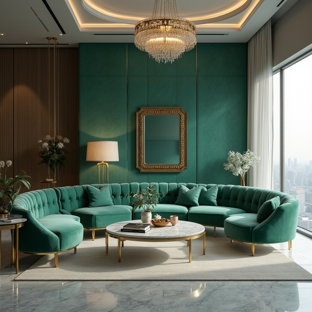 Prompt: Luxurious interior, malachite green accent wall, modern minimalist furniture, velvet sofa, marble coffee table, golden metal legs, ornate mirror frame, crystal chandelier, spacious room, high ceiling, large windows, cityscape view, daytime, soft natural light, warm atmosphere, 3/4 composition, cinematic lighting, realistic rendering.