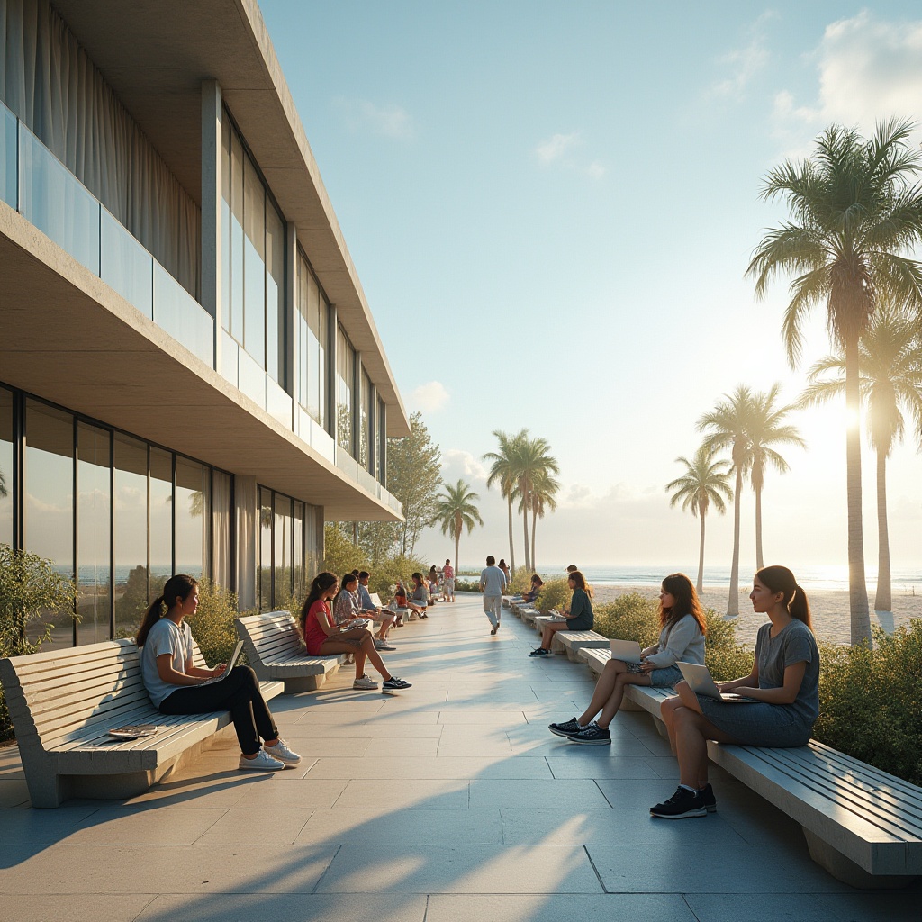 Prompt: Modern university, coastal campus, constructivism style, glass façade, steel structure, minimal ornamentation, clean lines, open spaces, natural light, ocean views, sandy beach, palm trees, gentle sea breeze, students sitting on benches, laptops and books scattered, casual attire, sneakers, sunglasses, smiling faces, relaxed atmosphere, sunny day, soft focus, warm lighting, 3/4 composition.